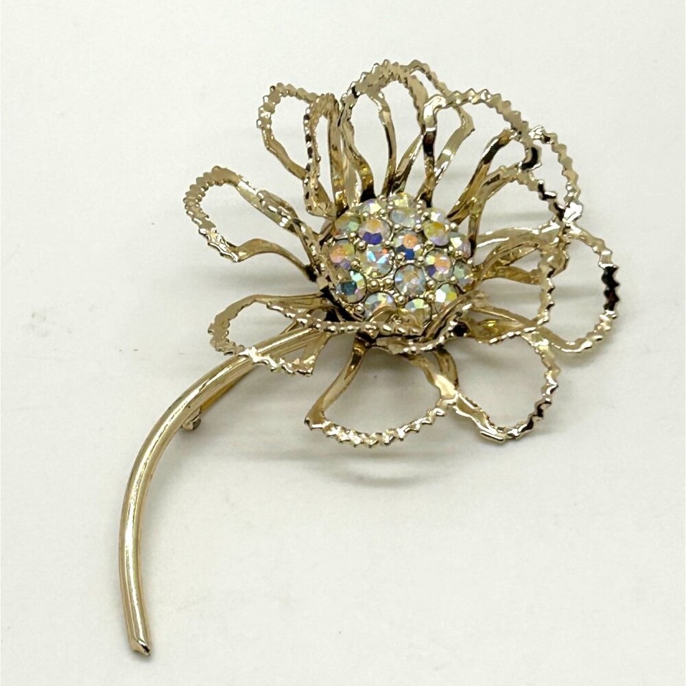 Vintage Aurora Borealis Brooch Rhinestone Sarah Coventry Gold-Tone Flower 1960s